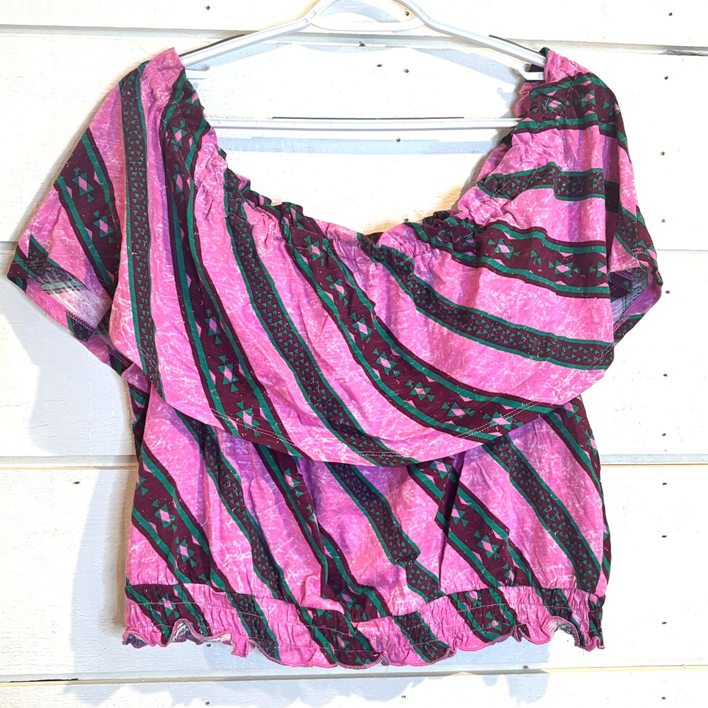 Wrangler Retro Off the Shoulder Short Sleeve Ruffle Crop Elastic Waist Shirt XL